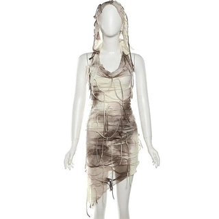 Cowl neck hoodie tie dye irregular mini dress