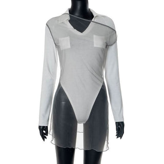 Turnover collar long sleeve mesh 2 piece top