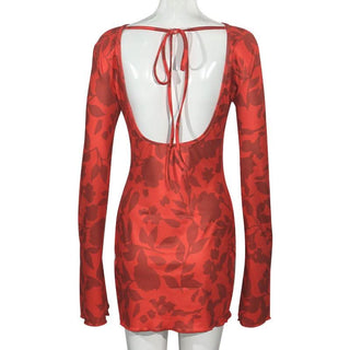 Long sleeve leopard print self tie backless mini dress