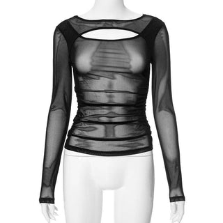Long sleeve ruched sheer mesh solid top