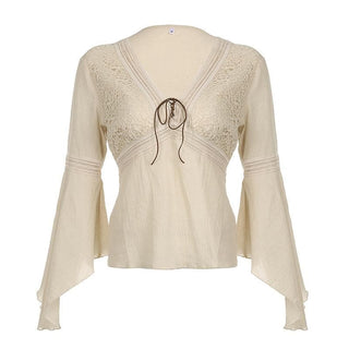 Textured v neck flared sleeve self tie top