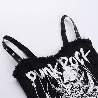 Zip-up letter print rivet applique raw hem cami top