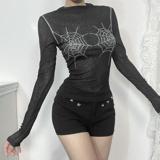 Long sleeve spider web beaded top