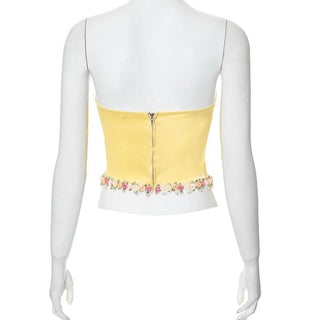 Satin bustier flower applique zip-up tube top