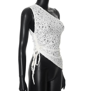 One shouler drawstring lace fluffy top
