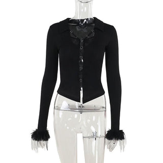 Turnover collar long sleeve fluffy button knitted top