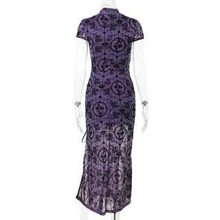 Short sleeve high neck print high slit button midi dress-final-sale