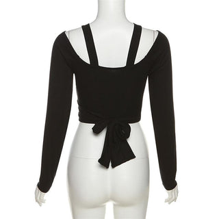 Long sleeve self tie bowknot hollow out solid crop cut out top