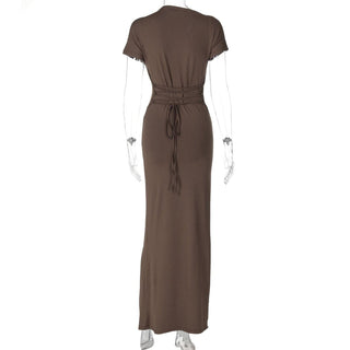 Short sleeve ruched lace up maxi dress