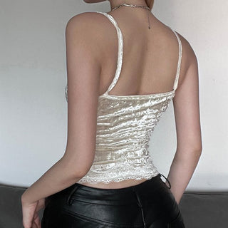 Velvet lace hem v neck backless cami top