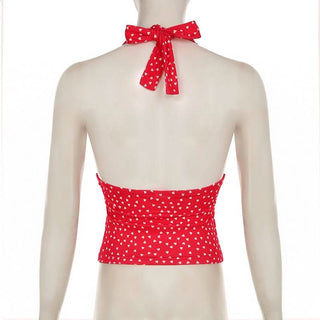 V neck halter polka dot print backless top