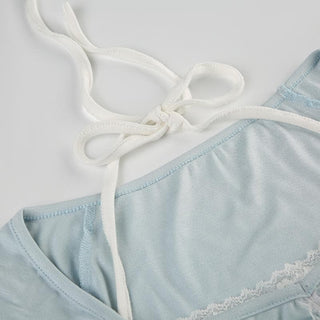 Halter short sleeve bowknot lace hem top