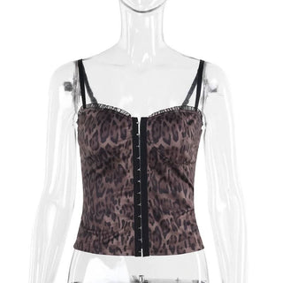 V neck leopard print ruffle backless cami top