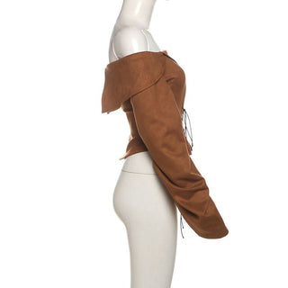 Off shoulder long sleeve lace up zip-up top