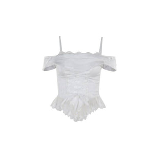 Off shoulder lace hem lace up corset cami top