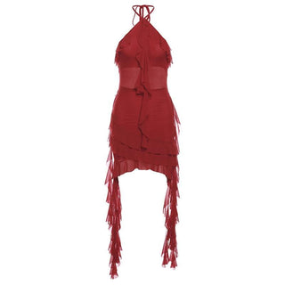Halter sheer mesh ruffle backless mini dress