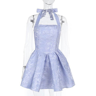 Halter smocked ruched square neck print mini dress