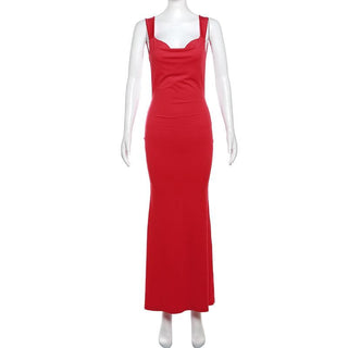 Cowl neck bowknot backless solid cami maxi dress