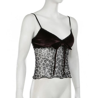 V neck velvet leopard print mesh bowknot cami top