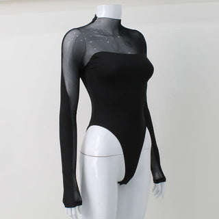 Long sleeve high neck mesh patchwork bodysuit
