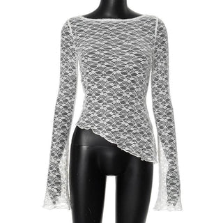Irregular long sleeve lace see through solid top