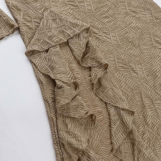 Off shoulder long flared sleeve slit textured midi dress