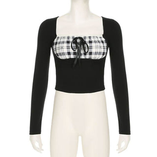 Long sleeve square neck plaid self tie top