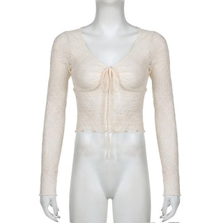 Long sleeve drawstring ruched lace ruffle top