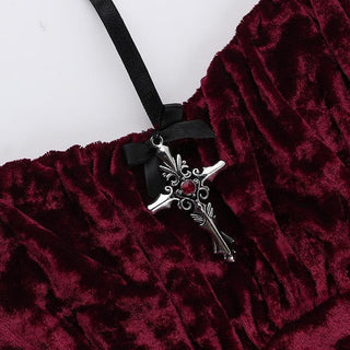 Halter velvet cross applique lace up top