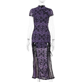 Short sleeve high neck print high slit button midi dress-final-sale