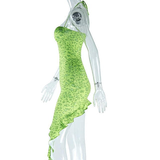 Sweetheart neck padded leopard print ruffle midi dress