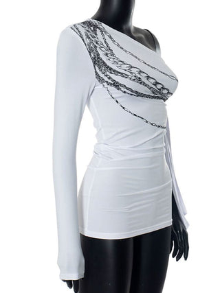 Irregular long sleeve chain print one shoulder top