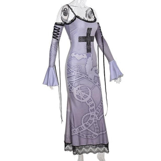 Long flared sleeve off shoulder cross print lace cami maxi dress-final-sale