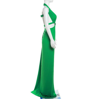 Halter irregular solid backless knotted ruched maxi dress