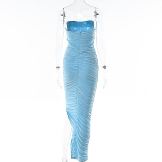 Mesh zip-up halter ruched slit irregular low cut 3-way dress