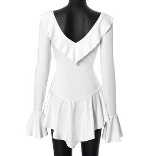 Long flared sleeve ruffle v neck mini dress