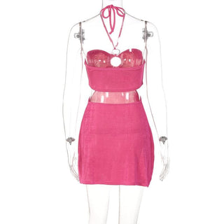 Hollow out solid o ring halter self tie backless cut out mini dress