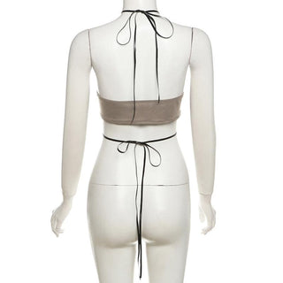 Halter PU leather star pattern backless crop top