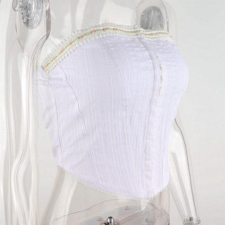 Button textured lace hem stitch bustier tube top