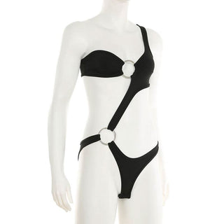 Irregular one shoulder o ring hollow out button bodysuit