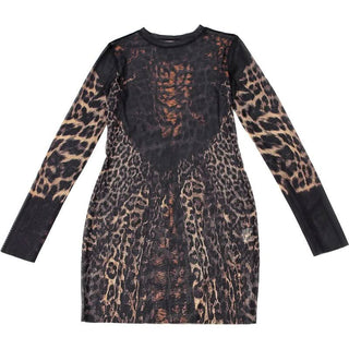 Crewneck long sleeve leopard print mesh mini dress