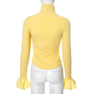 High neck long flared sleeve ruched ribbed solid top