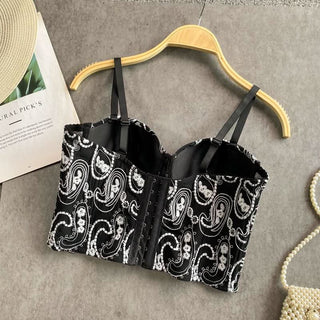 Embroidery v neck backless button cami top