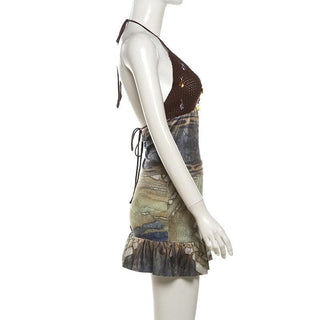 Halter self tie print deep V neck ruched mini dress