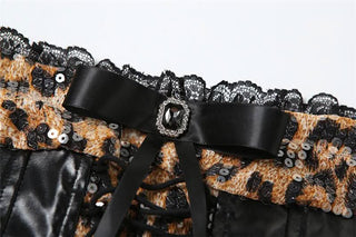 PU leather patchwork leopard print glitter lace up mini dress