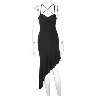 Ruched irregular cross back ruffle cami midi dress