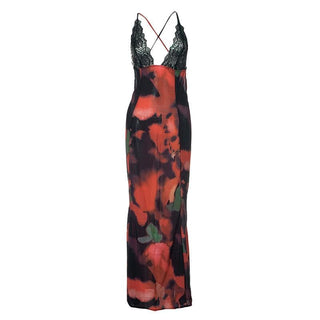 V neck lace hem backless print cami maxi dress