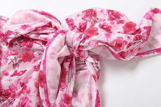 One shoulder knotted slit flower print ruffle maxi dress