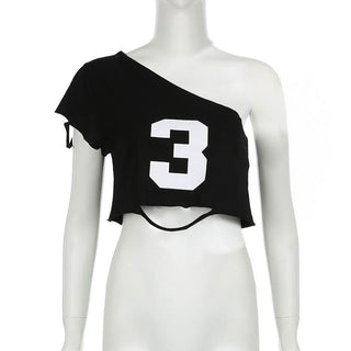 One shoulder "3" pattern crop top
