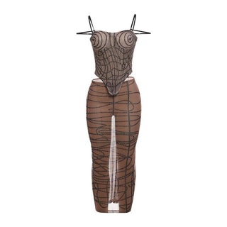 Sheer mesh striped print self tie cami midi skirt set
